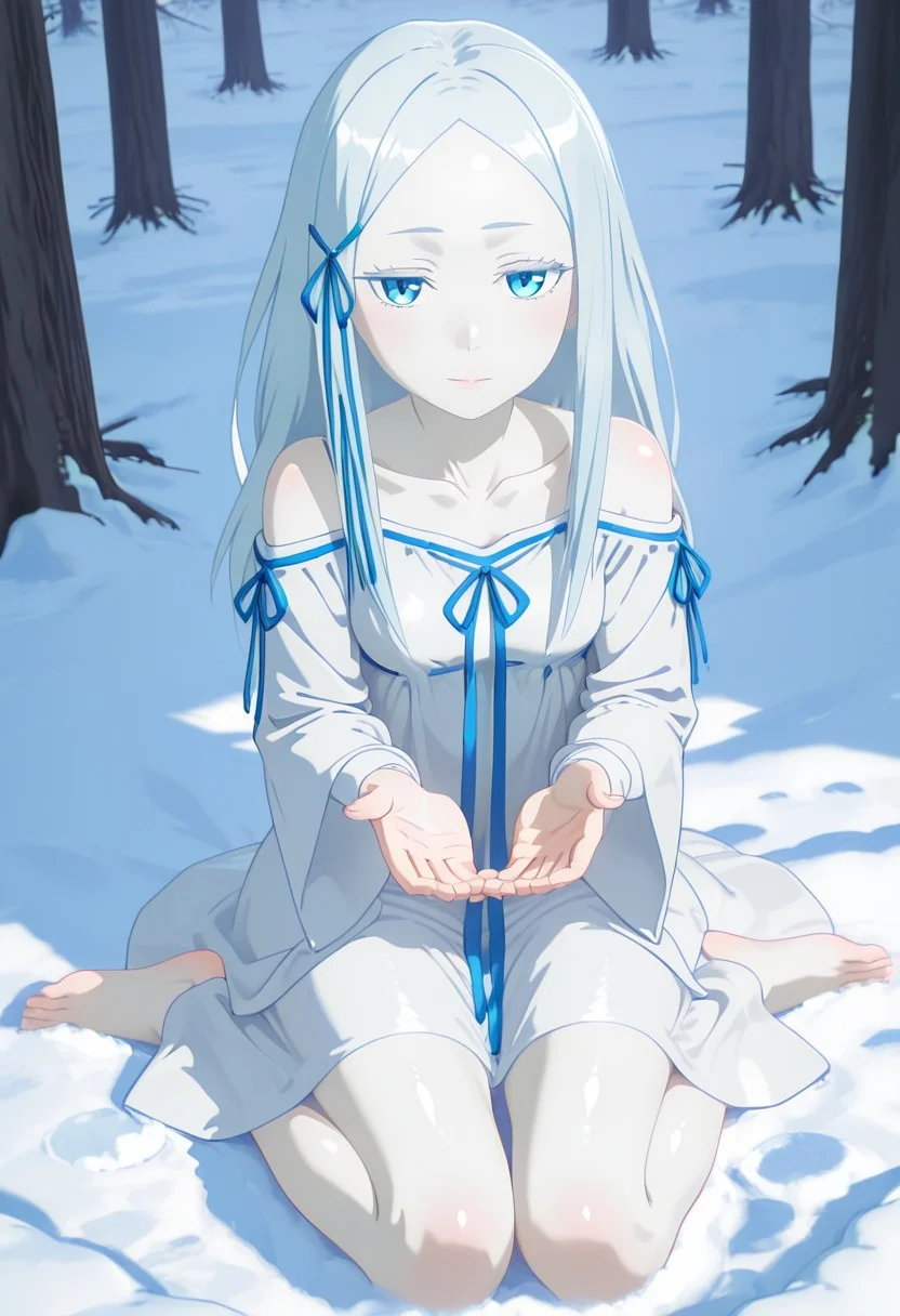 BotWYei,,3d, shiny skin,winter,front view,mist,snowfall,sunlight, highlight,
pandora, 1girl, pale skin, long hair, white hair, blue eyes, small breasts, blue hair ornament, white dress, long sleeves, bare shoulders, collarbone, blue ribbon, barefoot,dress too big
Sitting on snow,W sitting,looking at viewer,hands reach to viewer,uppies invitation,cute