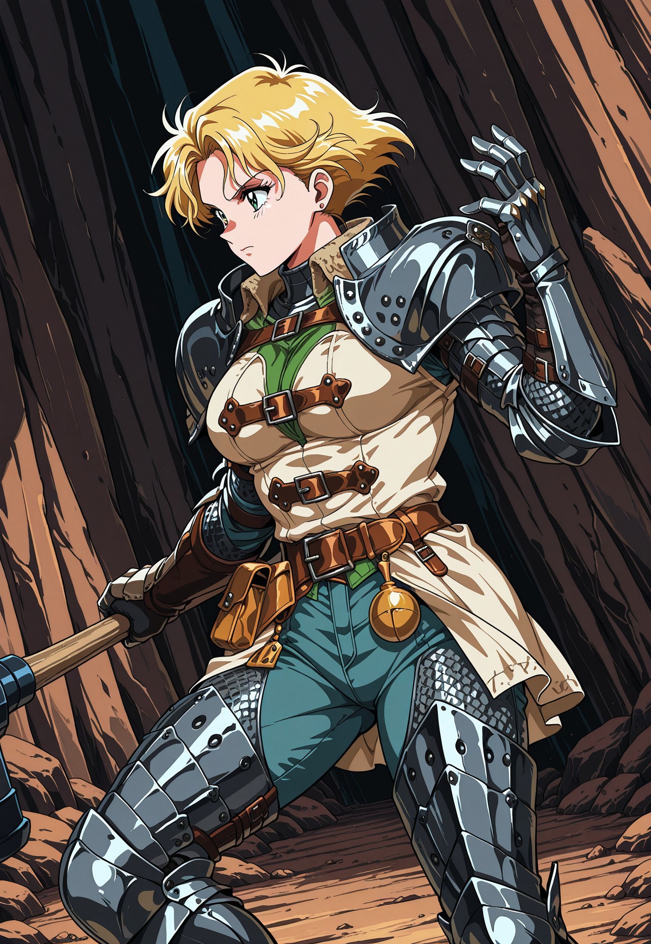 masterpiece, best quality, retro anime, 1990s anime, anime coloring, 1girl, solo, oliviamhw, blonde hair, short hair, breasts, tunic, pants, chainmail, shoulder armor, gauntlets, leg armor, belt, pouch, fighting stance, holding weapon, giant hammer,