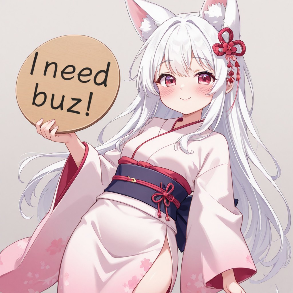 Cute girl with fox ear, white hair, long hair, young woman, small breasts, kimono, blush, smile,  holding board “need_buzz”