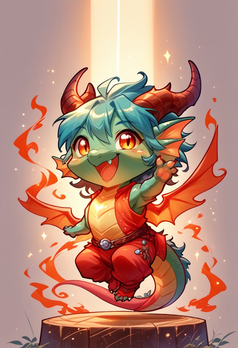 score_9, score_8_up, score_7_up, source_anime, solo, cute chibi fire dragon, happy, dancing, (chibi body, feral dragon:1.2), (indirect lighting, dynamic lighting:1.4), simple background (detailed image, high resolution, 5k resolution:1.0), (las lindas Art Style:0.9)