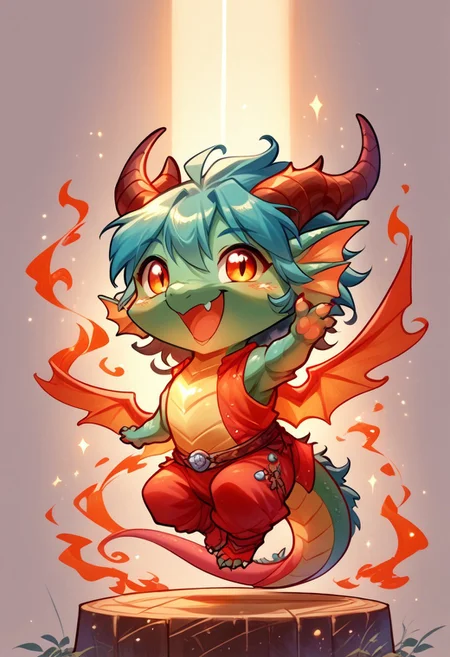 score_9, score_8_up, score_7_up, source_anime, solo, cute chibi fire dragon, happy, dancing, (chibi body, feral dragon:1.2), (indirect lighting, dynamic lighting:1.4), simple background (detailed image, high resolution, 5k resolution:1.0), (las lindas Art Style:0.9)