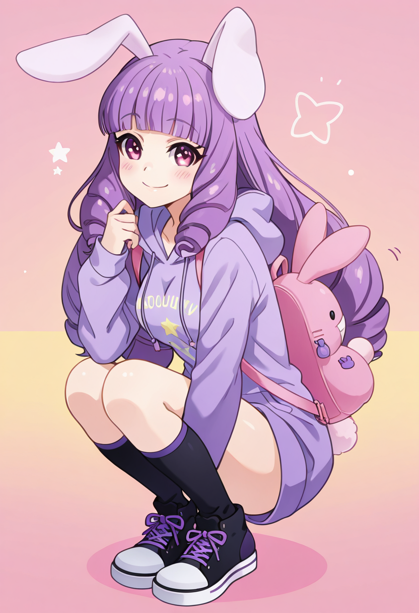 masterpiece, best quality, 1girl, solo, eyelashes, (beautiful eyes), narrow waist, smile,   zzChuchu, pink eyes, drill hair, long hair, purple hair, animal ears, rabbit ears, blunt bangs, rabbit girl, C0utur3Cr4z3, 1girl, solo, pastel colors, oversized hoodie, knee-high socks, chunky sneakers, bunny-shaped backpack, cute accessories, pink blush, Tokyo streets, playful pose â zzChuchu skips along a vibrant Tokyo street, her long, drill hair bouncing with every step. She wears an oversized pastel hoodie adorned with adorable bunny ears on the hood, paired with knee-high socks and chunky sneakers that complete her ultra-cute look. Her bunny ears perk up as she holds a bunny-shaped backpack, and a soft pink blush graces her cheeks. The colorful Tokyo backdrop complements her playful energy, making her look like the perfect kawaii street fashion icon.   , <lora:ChuchuShowByRock_NAI:0.8>,   <lora:CoutureCraze_IXL:0.7>,