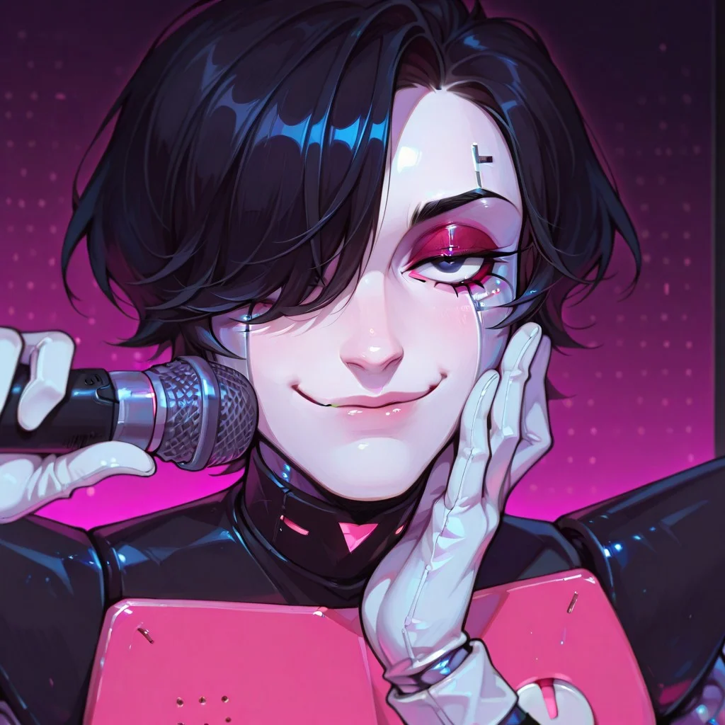 mtttonex, black hair, solo, male, hair over one eye, makeup, android, detail, black eyes, white skin, black shoulder piece, pink chestplate, white gloves, holding mic, close up, enchanting eyes, detailed, smile, smug, hand to face