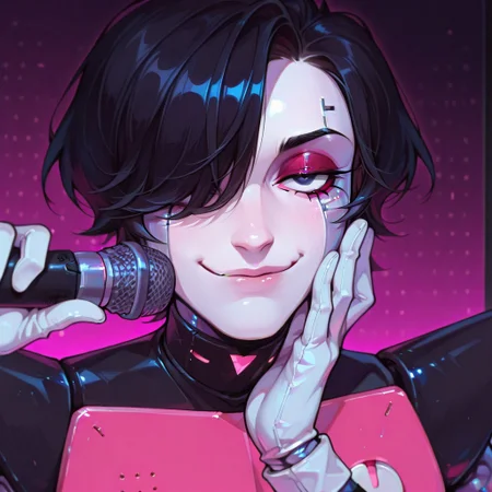 mtttonex, black hair, solo, male, hair over one eye, makeup, android, detail, black eyes, white skin, black shoulder piece, pink chestplate, white gloves, holding mic, close up, enchanting eyes, detailed, smile, smug, hand to face