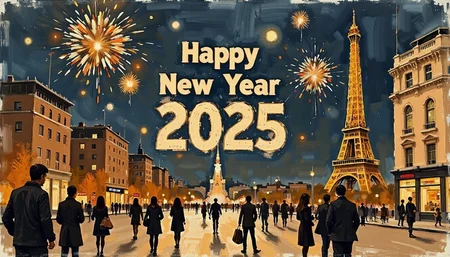Clip L sketch painting, mvpstrCE style,Eiffel Tower Paris in the background, a painting of a city street with people walking and fireworks in the sky above it and a happy new year sign Clip G sketch painting, mvpstrCE style,Eiffel Tower Paris in the background, a painting of a city street with people walking and fireworks in the sky above it and a happy new year sign
