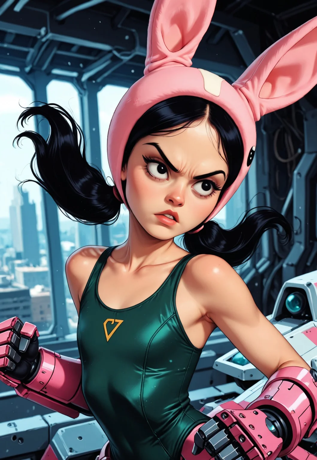 masterpiece, best quality, amazing quality, very aesthetic, absurdres, newest,
1girl, Louise_B_Shadman, medium hair, black hair, dark eyes, eyelashes, pigtails, cute, shortstack, upper body, pink hat, rabbit hat, green top, (mecha musume), dynamic, dynamic angle, ((solo)), c7ilf, parted lips, dynamic pose, fighting stance, looking at viewer, portrait, flat chest, action, dynamic action,