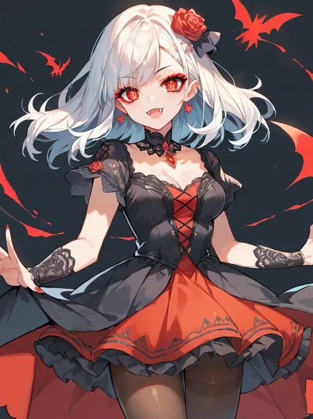 score_9, score_8_up, score_7_up,source_anime, high res image,masterpiece,best quality,(girl:1.0),cute face,clear skin,shiny hair,ultra detailed eyes,simple background, <lora:vampire cos_pony_V1.0:0.6> vampire cos, dress, makeup,skirt, pantyhose,fangs