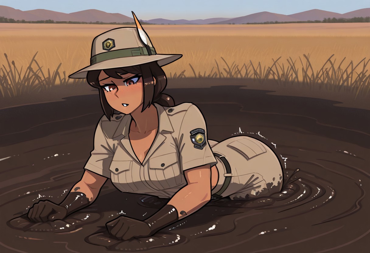 score_9, score_8_up, score_7_up, 1girl, solo, attractive woman, cinematic, Botswanian woman, dark skin, safari guide, safari outfit, chest-deep in brown quicksand, struggling, dynamic pose, savannah background, dynamic angle