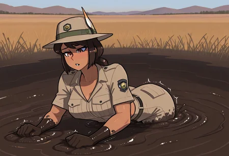 score_9, score_8_up, score_7_up, 1girl, solo, attractive woman, cinematic, Botswanian woman, dark skin, safari guide, safari outfit, chest-deep in brown quicksand, struggling, dynamic pose, savannah background, dynamic angle
