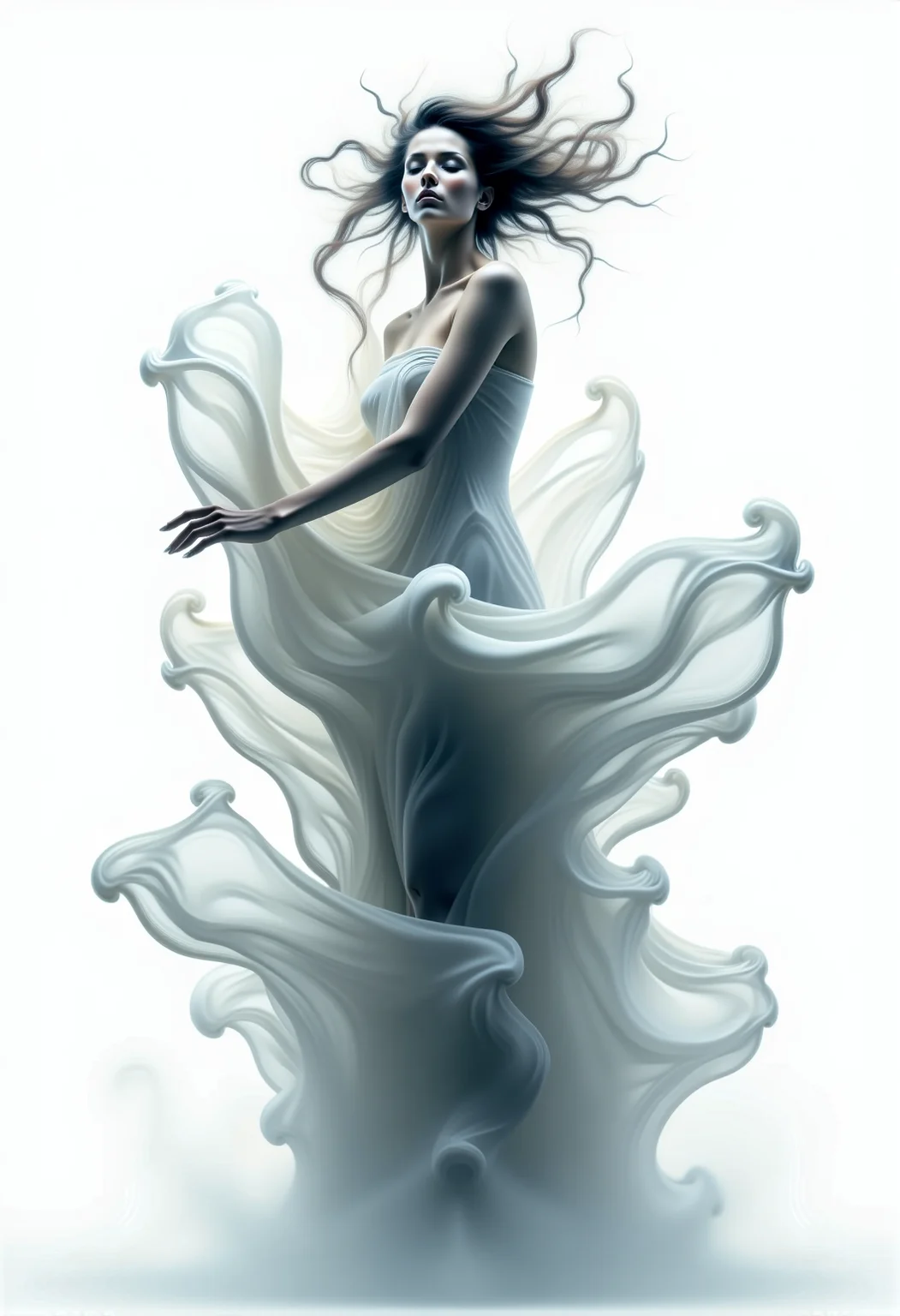 bv-smowormor. (The words "Smoke World Morph" prominently formed from ethereal mist, appearing curling around a human figure like an inscription .:1.5) A human figure partially emerging from swirling smoke . Background is completely white . Clothing and body are partially dissolving into ethereal smoke. Facial expression is calm and serene, eyes softly closed . Hairstyle is wild and disheveled, caught in wind with wisps of smoke . Figure positioned in an abstract, undefined space with swirling smoke patterns . Pose is graceful and balletic, arms extending with smoke trails following movement . Clothing details are ethereal wrappings glowing faintly, with glowing embers swirling around. Scene elements include mist taking abstract shapes . Style is impressionistic, abstract smoke movements. Lighting is dramatic, with rim lighting emphasizing silhouette. Background smoke-filled with faint hints of abstract geometric shapes. Smoke colors faint white, ghostly effect. Additional details subtle reflections, as if above water, with smoke trailing down. , <lora:bv-smoke-world-morph-1-0.safetensors:1.0:1.0>