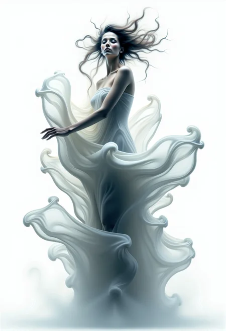 bv-smowormor. (The words "Smoke World Morph" prominently formed from ethereal mist, appearing curling around a human figure like an inscription .:1.5) A human figure partially emerging from swirling smoke . Background is completely white . Clothing and body are partially dissolving into ethereal smoke. Facial expression is calm and serene, eyes softly closed . Hairstyle is wild and disheveled, caught in wind with wisps of smoke . Figure positioned in an abstract, undefined space with swirling smoke patterns . Pose is graceful and balletic, arms extending with smoke trails following movement . Clothing details are ethereal wrappings glowing faintly, with glowing embers swirling around. Scene elements include mist taking abstract shapes . Style is impressionistic, abstract smoke movements. Lighting is dramatic, with rim lighting emphasizing silhouette. Background smoke-filled with faint hints of abstract geometric shapes. Smoke colors faint white, ghostly effect. Additional details subtle reflections, as if above water, with smoke trailing down. , <lora:bv-smoke-world-morph-1-0.safetensors:1.0:1.0>