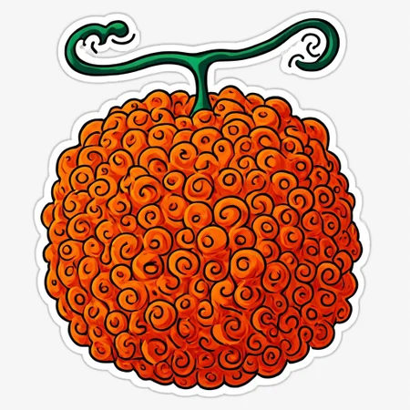 Masterpiece, simple design, 2D,  BREAK
black line pattern, orange, round, round-shaped, green curly stem, BREAK
mera mera, akuma, no mi, flame,  flame shapes, BREAK
white background, no humans,  food focus, thick lines, black outline, FLAT COLORS