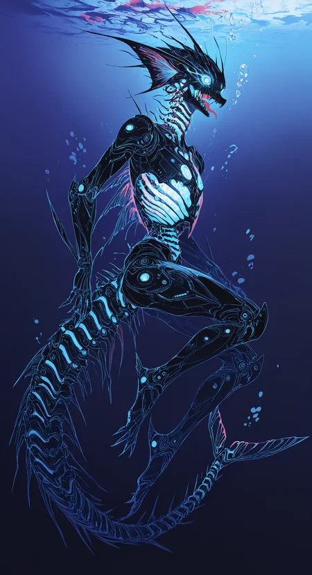 masterpiece, best quality, good quality, very awa, newest, highres, absurdres, solo, blue eyes, simple background, tail, full body, teeth, tongue, gradient background, no humans, blue background, glowing, sharp teeth, robot, glowing eyes, science fiction, fish, bubble, fins, underwater, cable, animal focus, air bubble, non-humanoid robot, mechanical tail, spine, gills, robot animal, limited palette, sketch, glowing, psychedelic, <lora:illustriousXL_stabilizer_v1.23:0.3> <lora:NOOB_vp1_detailer_by_volnovik_v1:0.3> <lora:ponyv6_noobE11_2_adamW-000017:0.3> <lora:114558v4df2fsdf5:1> <lora:mon_monmon2133:0.6>