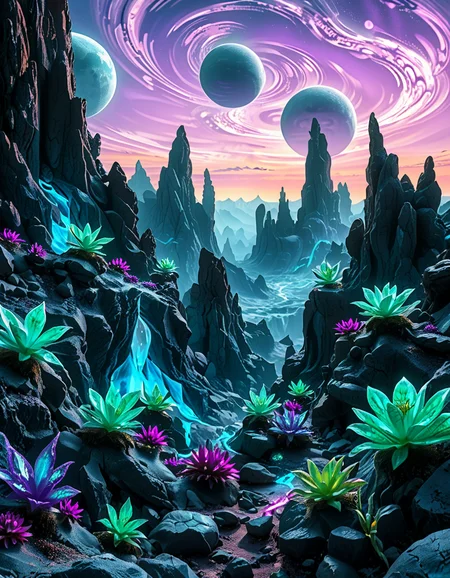 A breathtaking, high-resolution photograph of an alien planet with a surreal and otherworldly landscape. The sky is filled with two massive moons, casting an eerie glow over the terrain. Jagged rock formations, covered in bioluminescent moss, stretch across the horizon, glowing in shades of blue and purple. Strange, twisted plants with translucent leaves and pulsating veins grow from the cracked, iridescent soil. In the distance, towering crystalline mountains shimmer under the light of a distant red sun, their peaks enveloped in a misty, ethereal haze. The air is thick with floating luminescent spores, drifting like tiny fireflies. Rivers of liquid metal carve through the landscape, reflecting the vibrant alien sky. The atmosphere is a mix of neon blues, purples, and greens, creating a mesmerizing and futuristic scene, as if taken from the surface of a newly discovered exoplanet.
<lora:SDXLFaeTastic2400:0.4> <lora:extremely_detailed:0.4> extremely detailed,<lora:alien_pl4n3t:1>,alien pl4n3t