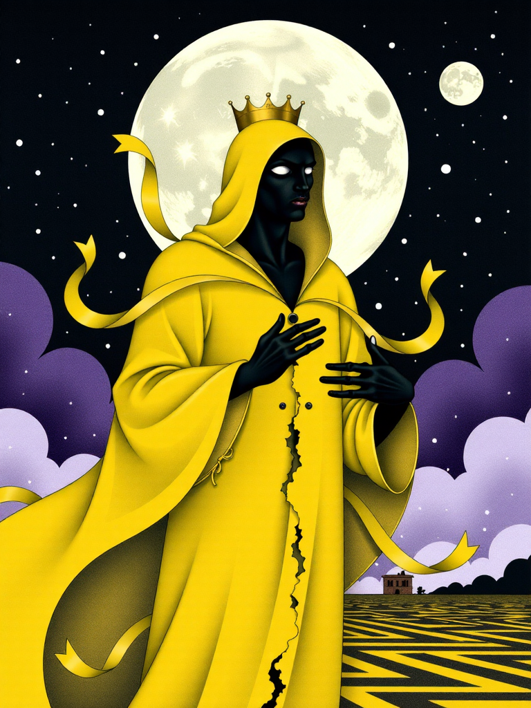 ODOM_art <lora:flux-lora-000006:1> faceless entity wears yellow hooded tattered cloak with  floating yellow ribbons, and crown. full moon and epic nebulas skies, non euclidean labyrinth ruins landscape, wide shot, lovecraftian, cosmic horror