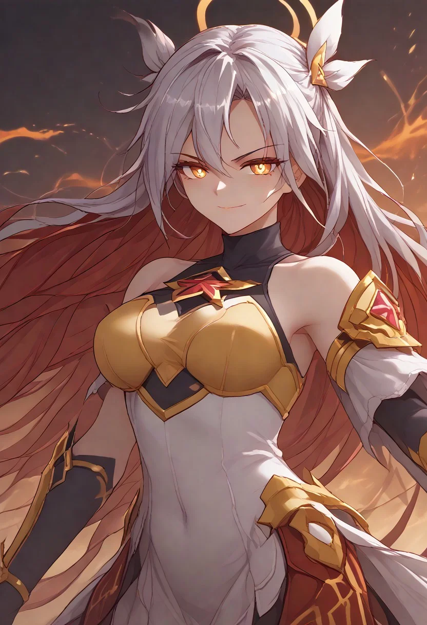 best quality, anime style, 1girl, silver hair, red glowing hair locks, solo, symbol-shaped pupils, yellow eyes, star guardian (league of legends), bare shoulders, white dress, golden dress, waero, long hair, El_Mas, armored dress, star (symbol), multicolored hair, busty, big tits, glowing hair, glowing eyes, gold armor, metal glow, shoulder armor, armor, fire, fire halo, fire magic, jewelry, flames, fire aura, dynamic pose, colorful, El_Flm, fire hair, smirking, shoulderguards, metal gloves