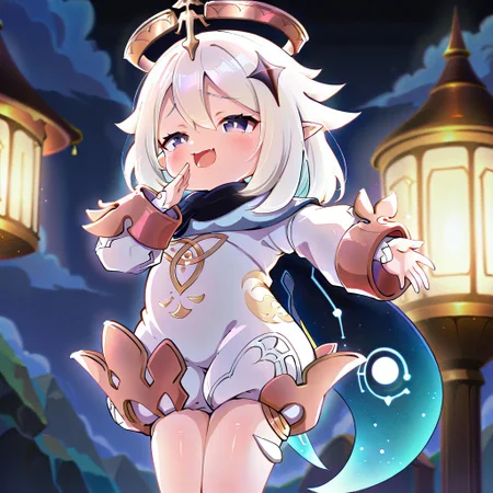 1girl, solo, best quality, masterpiece, pointy ears, flat chest, volumetric lighting, shortstack. white dress, puffy sleeves, white hair, purple eyes, floating crown, legs together, Paimon_(Genshin_Impact), mesugaki, blush, floating, flying pose, outdoors, smug, hand to mouth, <lora:NTR_MIX_4.0_LORA:0.5>
