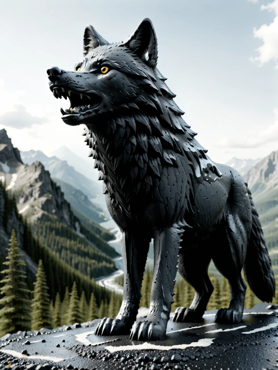 <lora:Fresh_Tarmac_SXDL:1> A wolf made of black ais-tarmac, howling from the top of a mountain
