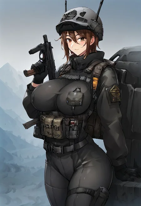 EasyNegativeV2, FastNegativeV2, haganef, overfit style, large breasts, 1girl, solo, big breasts, sexy body , big butt, big breasts, shaggy big breasts, young, big chest, <PUT OVERFIT STYLE IN NEGATIVE PROMPT>
score_9, score_8_up, score_7_up, score_6_up, score_5_up, score_4_up, anime source
1girl, brown hair, brown eyes, short hair, solo, gloves, pants, grey pants, jacket, black gloves, tactical clothes, long sleeves, backpack, grey headwear, bodysuit, multiple straps, headphone on ears, P90, weapon, submachine gun, holding gun