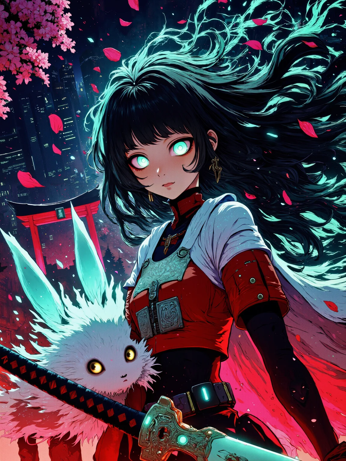 Cyberpunk miko priestess in a futuristic Shinto shrine, bathed in neon light. Long, flowing black hair with glowing cyan streaks, wearing a modernized white and red miko outfit with circuitry patterns. Large, expressive anime eyes with digital irises. Holographic ofuda scrolls floating around her. Backdrop of towering skyscrapers with traditional torii gates. Cherry blossom petals swirling, leaving trails of pink light. Gleaming katana with energy blade at her side. Bioluminescent kitsune companion with multiple tails. Atmosphere of mystery and technology fusion. Detailed anime art style, vibrant colors, dynamic lighting contrasts. Masterpiece, best quality, intricate details. <lora:Hand v2:0.5> <lora:reedy-art-style:0.8> <lora:flux.1_lora_flyway_Epic-detail_v2:0.5> <lora:style_of_Norman_Ackroyd_FLUX_100:0.5> <lora:flux_dev:1>