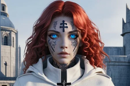 bright red hair, human female, (feminine:1.7), (beautiful face, detailed face:1.6), (beautiful eyes, detailed eyes:1.7), (looking at viewer, eye contact, intense:1.6), (long hair, red hair, curly hair:1.3), , ((masterpiece, best quality, high resolution, realistic, best quality,)), photo realistic, Perfect Face, (detailed face). <lora:GoodHands-vanilla:0.6> <lora:add-detail-xl:0.8>, mage, (Dress White military uniform coat), dagger, rune dagger, glowing runes, , (((glowing magic symbols tattoos, religious tattoos))), ((face tattoos)), glowing tattoos, stone tower in the background