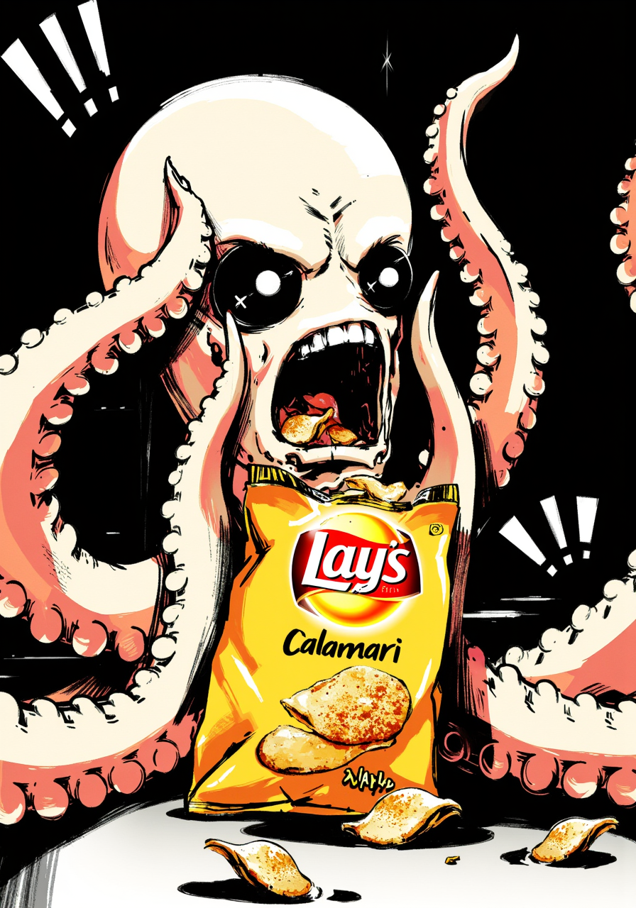 Stylized digital illustration with a yshinkawa cyberpunk aesthetic, showcasing (SUBJECT)., Digital illustration in a manga-inspired, dark, and gritty yshinkawa style. The artwork features (SUBJECT)., a cute octopus with an open bag of "Lays" chips with text "Calamari" on chips bag, with some chips spilled out. the octopus is screaming in horror at the bag of chips with two of it's tentacles pressed up to it's face, it has cute round black eyes and a screaming mouth, there are exclamation marks above it's head<lora:Yoji_Shinkawa_Style_FLUX-000012.safetensors:1.0:1.0>