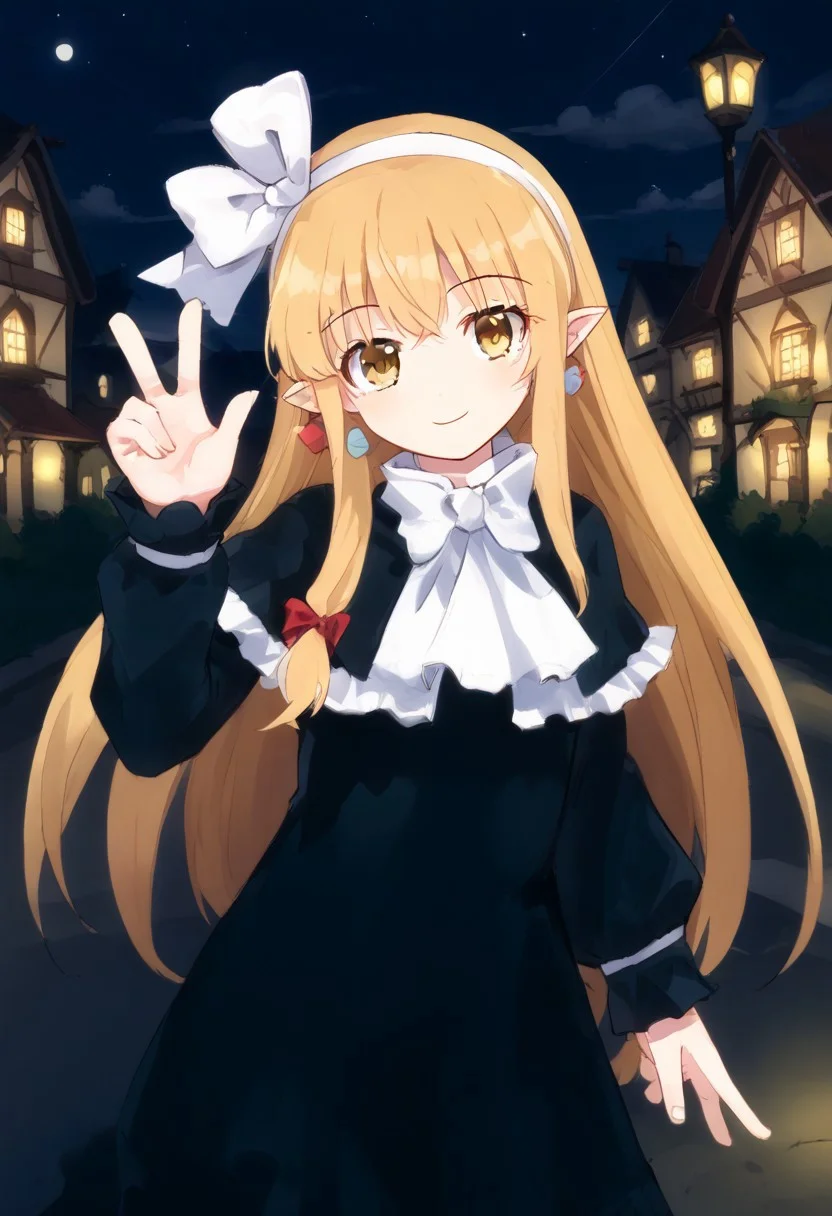 1girl, solo, marisawosd, blonde hair, long hair, yellow eyes, black dress,white hairband,hair ribbon,long sleeves,earrings, v over eye, peace, outdoors, night, village, smile, cowboy shot,