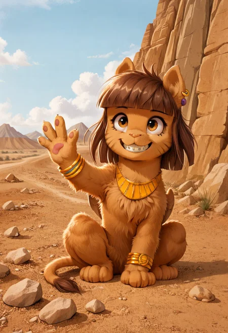 full body, ((solo)), furry, fluffy, fluffy fur, perfect eyes, zPDXL3, ((action_pose:1.5)), sfw, 

cute female furry feral chibi m4gp1e, sitting, greeting, smiling, braces, waving, rocks, source_furry <lora:Magpie (Riddle Me This!) [Pony]_epoch_12:1> m4gp1e, sphinx, feral, jewelry, bracelets,

(((outside desert mountain))),  

(high detailed face), (high art quality), (high detailed), 4k, (high resolution), (8k resolution), masterpiece, best quality, ((scenery)), detailed background