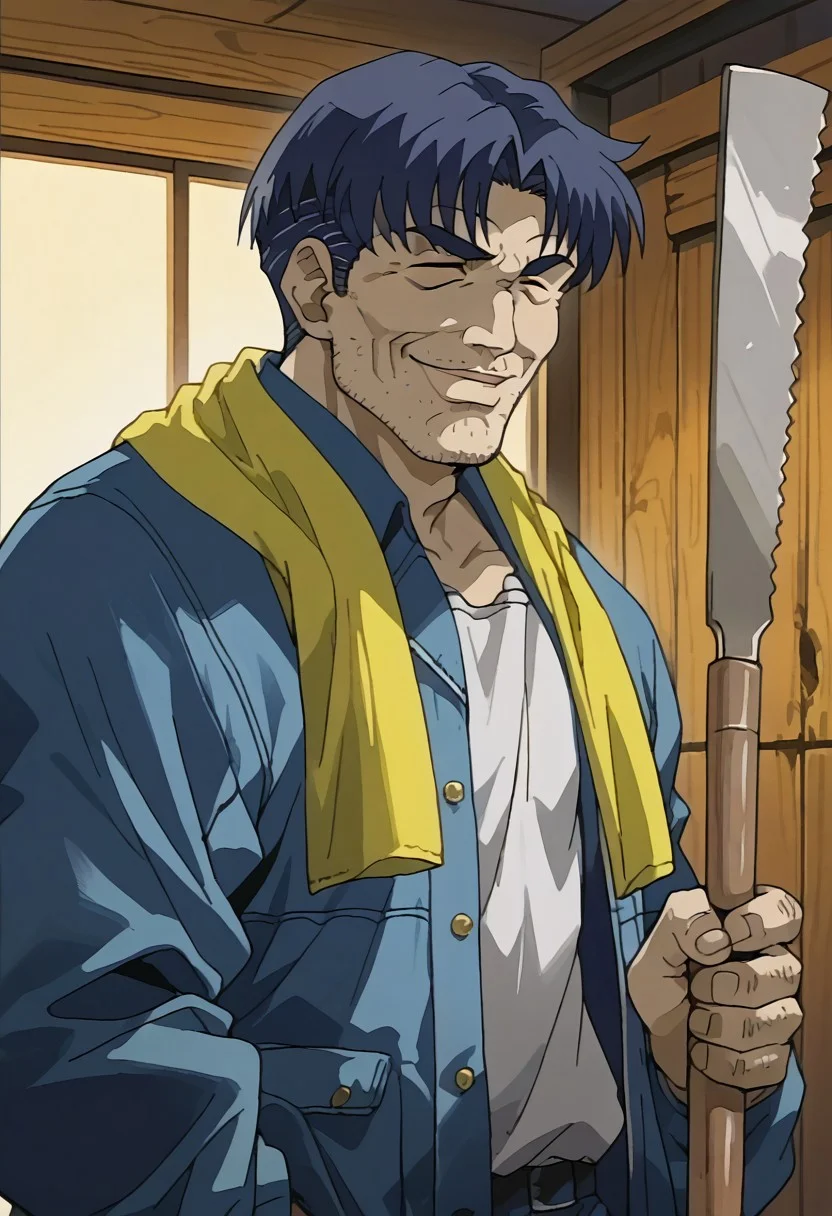score_9, score_8_up, score_7_up, source_anime, guizuo \(style\), 1man, solo, male focus, middle-aged man, short hair, yellow towel around neck, blue jacket, open clothes, white shirt, japanese saw, holding, holding weapon, looking at viewer, kind smile, closed eyes, indoor, night, darkroom, wooden room, upper body,