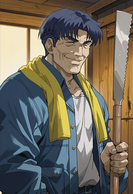 score_9, score_8_up, score_7_up, source_anime, guizuo \(style\), 1man, solo, male focus, middle-aged man, short hair, yellow towel around neck, blue jacket, open clothes, white shirt, japanese saw, holding, holding weapon, looking at viewer, kind smile, closed eyes, indoor, night, darkroom, wooden room, upper body,