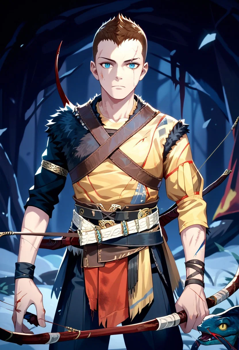 score_9,score_8_up,score_7_up,source_anime, Atreus,solo,looking at viewer,1boy,holding,standing,male focus,weapon,pants,belt,signature,holding weapon,fur trim,blood,scar,injury,bow \(weapon\),snake,arrow \(projectile\),holding bow \(weapon\),