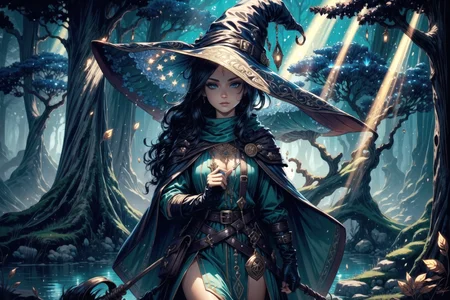 <lora:FeyAndFairies:1> FeyFa, magical fantasy, scene, forest, river, trees, sun rays, <lora:Fantasy_Classes_SD:1> fantasy class, witch, witch hat, cape, gloves, tunic, thighhigh boots, best quality, masterpiece, <lora:more_details:0.65>, 1girl, solo