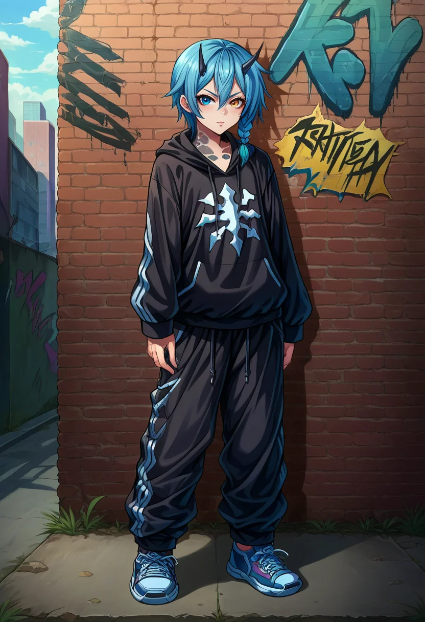 score_9, score_8_up, source_anime, 1girl, solo, IoPSO2, heterochromia, tattoo, horns, short hair, side braid, urban and street style, graffiti-inspired colors, cool and edgy attire, baggy pants, oversized hoodie, stylish sneakers, fashionable accessories, hip hop jewelry, confident expression, graffiti walls, energetic and vibrant atmosphere, <lora:ChamIoPSO2PonyXL:1>