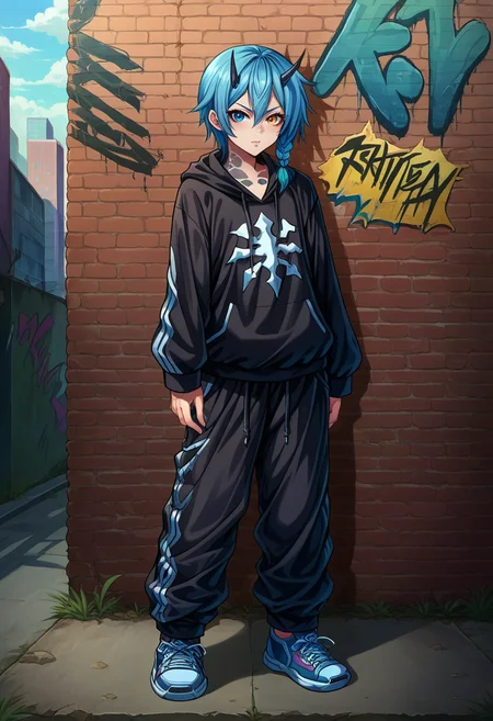 score_9, score_8_up, source_anime, 1girl, solo, IoPSO2, heterochromia, tattoo, horns, short hair, side braid, urban and street style, graffiti-inspired colors, cool and edgy attire, baggy pants, oversized hoodie, stylish sneakers, fashionable accessories, hip hop jewelry, confident expression, graffiti walls, energetic and vibrant atmosphere, <lora:ChamIoPSO2PonyXL:1>