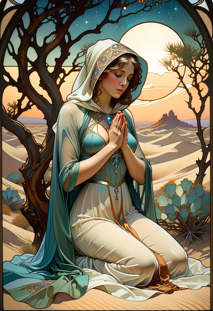 Classic illustration in Art Noveau style,(Mucha style), victorian realistic vitral, scene of woman praying in the desert on her knees, receive temptations, realistic, perfect geometry, realistic and detailled, perfect, reallistic and brillant collors, luminous, cape with hood, dry and twisted trees, night, BREAK, breasts cutout,(very transparent clothes:1.4)
