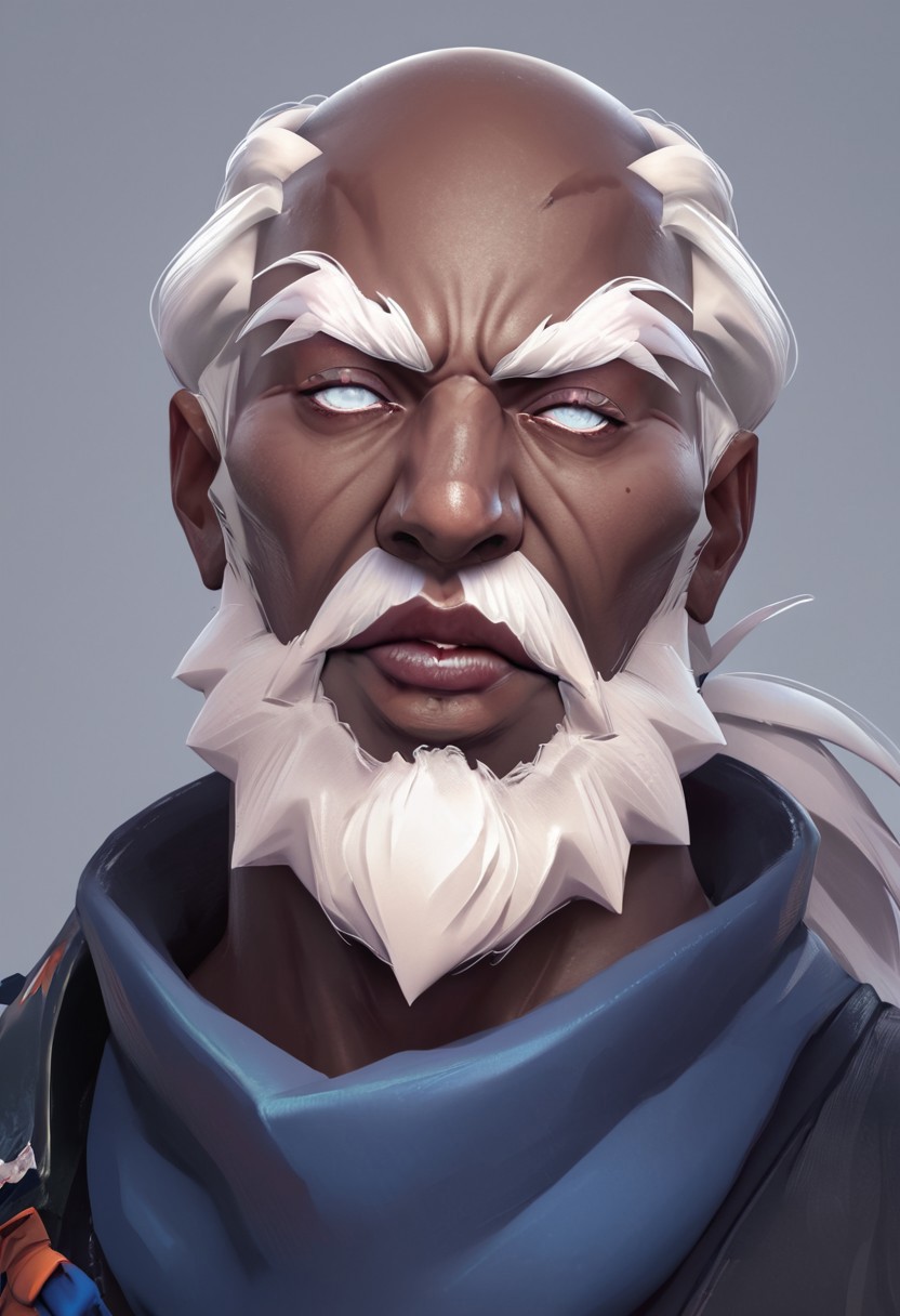 score_9, score_8_up, score_7_up concept art, digital art, realistic, portrait, 1 boy, EarthbreakerGroon, old man, white hair, old, dark skin, dark-skinned male, blind, blind eyes, white eyes,