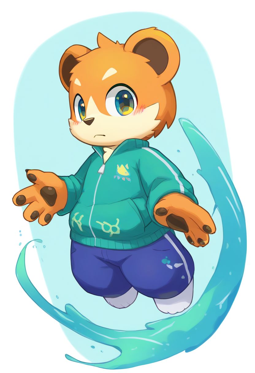 score_9, score_8_up, male, solo, full body, digital art, highly detailed, <lora:CuteMixPDv4:1>, zPDXL2, zPDXLpg, zPDXL, bear, green shirt, big eyes, large pupil, look at viewer, furry, kemono, cute, anthro, zavy-splsh, paint splash, green paint splash, bear wrapped in splash