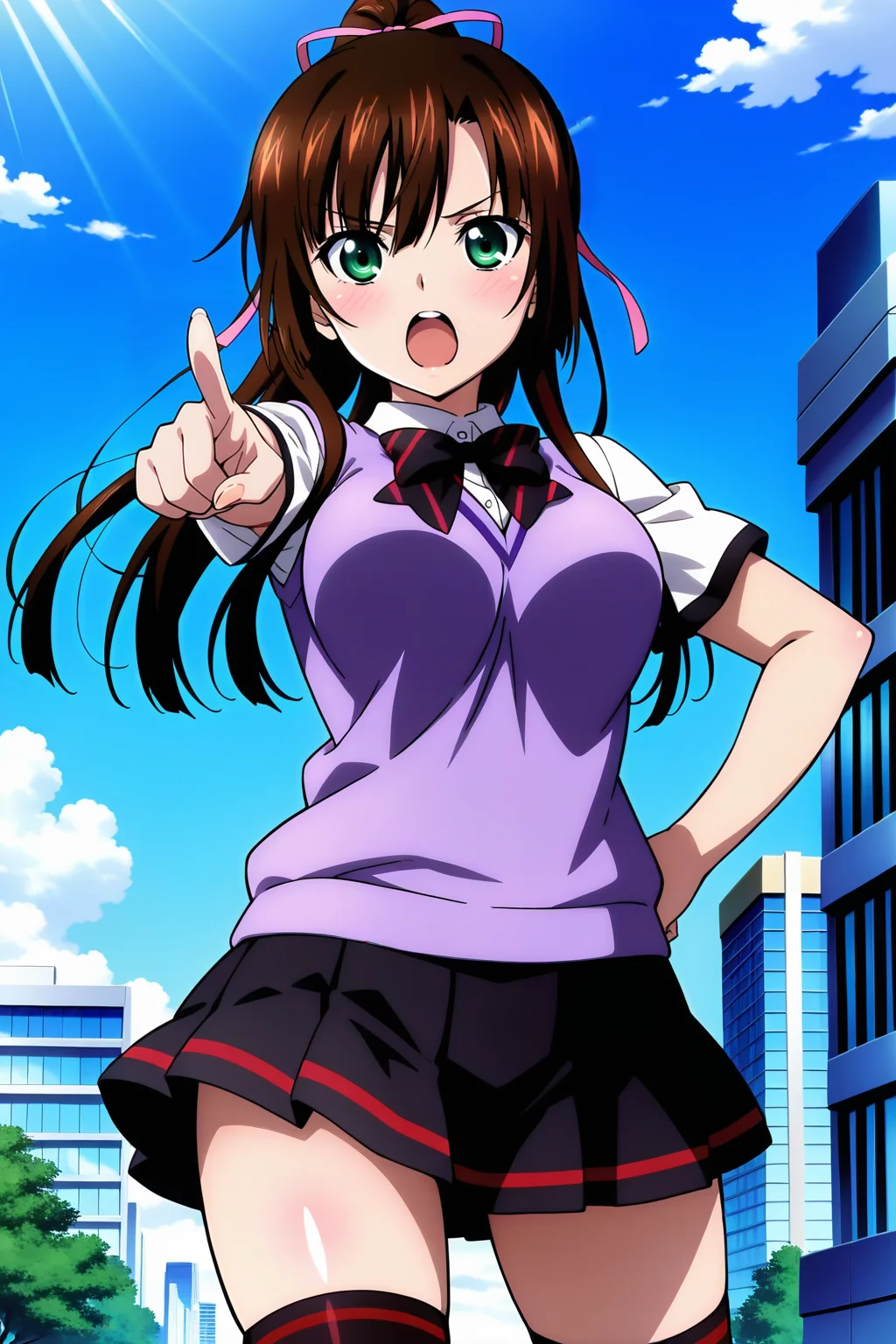 anime screenshot, strike the blood, 1girl, solo, kirasaka sayaka, brown hair, long hair, ponytail, high ponytail, hair ribbon, pink ribbon, green eyes, large breasts, school uniform, white shirt, collared shirt, short sleeves, sweater vest, purple sweater, purple vest, black bow, black bowtie, (red stripes:1.5), striped bow, striped bowtie, black skirt, pleated skirt, black thighhighs, looking at viewer, pointing, v-shaped eyebrows, open mouth, cowboy shot, outdoors, city, day, blue sky, masterpiece, best quality, high quality, highres, absurdres, <lora:kirasaka_sayaka_ILXL:0,9>