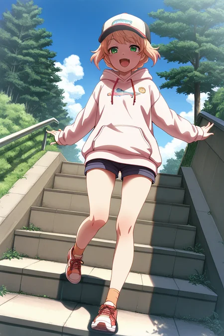 masterpiece, best quality, amazing quality,
 <lora:Minku_IL:1> minku, 1girl, green eyes, hat, solo, hoodie, smile, hood, outdoors, open mouth, sneakers, socks, tree, shoes, shorts, day, stairs, sky