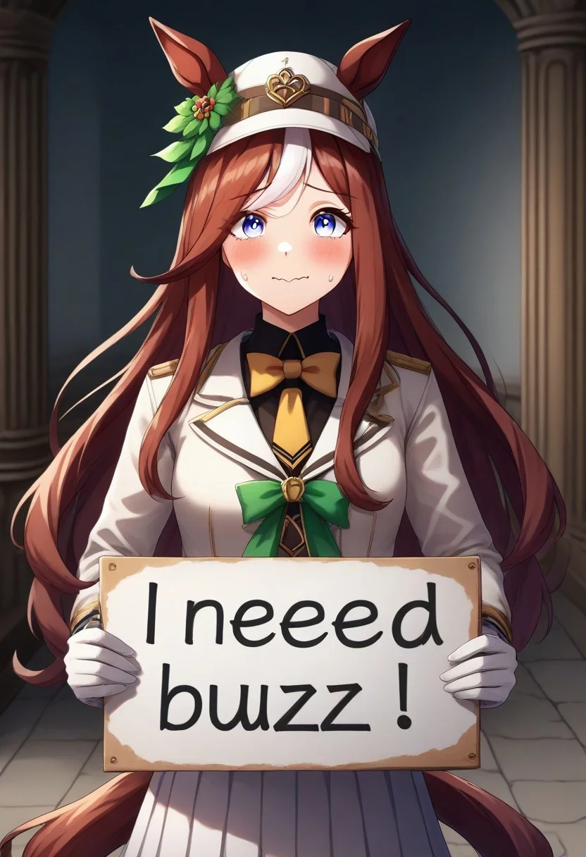 ( Latex,manhattan_cafe_(umamusume), ,(need_buzz, holding sign)1girl,  need_buzz, holding sign with another hand ,yellow_necktie,black long hair ,white_gloves,  : 1.3), fake smile, nervous sweat, wavy mouth, squatting, looking at viewer, very awayellow eyes,pants, ear_covers, gloves, hat, horse_ears, horse_girl, horse_tail, jacket, , long_hair, , mismatched_gloves, , tail, two-tone_bow, two-tone_bowtie,  white_hair, white_hat, white_jacket, white_skirt, Herbs Morph
