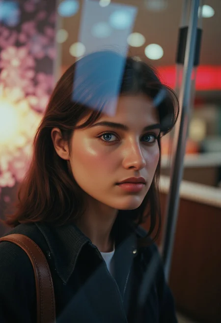 This photograph captures a young Asian woman standing indoors, likely in a public space such as a mall or urban square, shot through a reflective glass surface that creates a double exposure effect. In the foreground, the woman gazes directly at the camera with a contemplative expression. Her long, straight black hair falls past her shoulders, and her fair skin is complemented by subtle makeup, accentuating her natural features. She wears a dark-colored coat, with a brown leather strap visible across her shoulder, hinting that she is carrying a bag. The background is blurred, featuring a soft mix of warm and cool ambient city lights. The reflection in the glass reveals a surreal scene of garden flowers, the sky, and a glowing moon, adding an ethereal quality to the image. The indoor setting suggests a modern architectural design, with glass and metal elements visible. The overall mood is introspective and slightly melancholic, enhanced by the reflective surface, soft lighting, and the dreamlike reflection of nature, capturing a moment of quiet contemplation in a modern urban environment. (close-up portrait, deep rich complexion, symmetrical face, pouty lips, makeup, freckles, striking blue eyes, retr0grade80s, vintage style, 1980 style, vintagegirls)