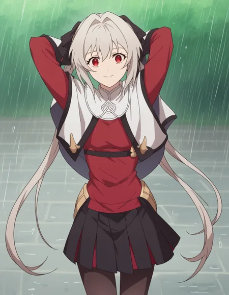score_9, score_8_up, score_7_up, source_anime, <lora:lynneburg-clays-s1-ponyxl-lora-nochekaiser:1>, lynneburg clays, long hair, red eyes, twintails, grey hair, hair intakes, hair ribbon,, pantyhose, capelet, white capelet, dress, red dress, long sleeves, skirt, black skirt, pleated skirt,, rainy day, umbrella, walking home, puddles, wet hair, , looking at viewer, hands behind head, smile,, solo,, cowboy shot, dutch angle