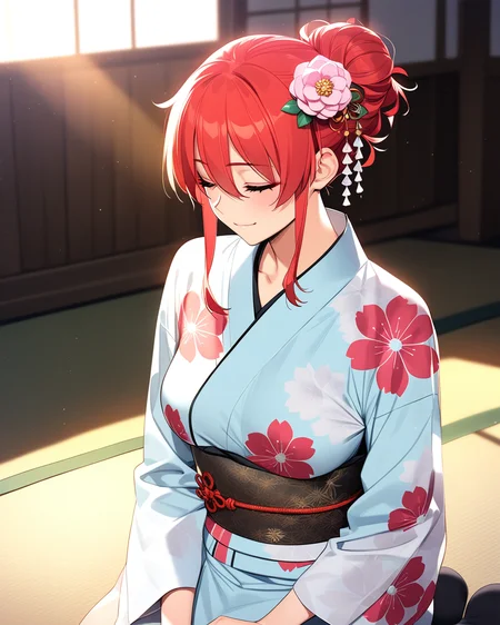 masterpiece, best quality, absurdres, three-quarter view, 1girl, solo, long sleeves, StellaFons, sitting, seiza, hair up, kanzashi, hair flower, hair bun, japanese clothes, floral print, collarbone, sunbeam, light rays, indoors, depth of field, light particles, closed eyes, light smile, blue sky, day, blurry background, indoors, shouji, filmic, cinematic, peaceful, (by yd \(orange maru\), by j.k.:0.8), by redrop, <lora:CYR 0.3v:0.6>, <lora:kanzashi_XL_V1.0:0.8>, <lora:v-s-e-n-anxl-000079:0.55>,