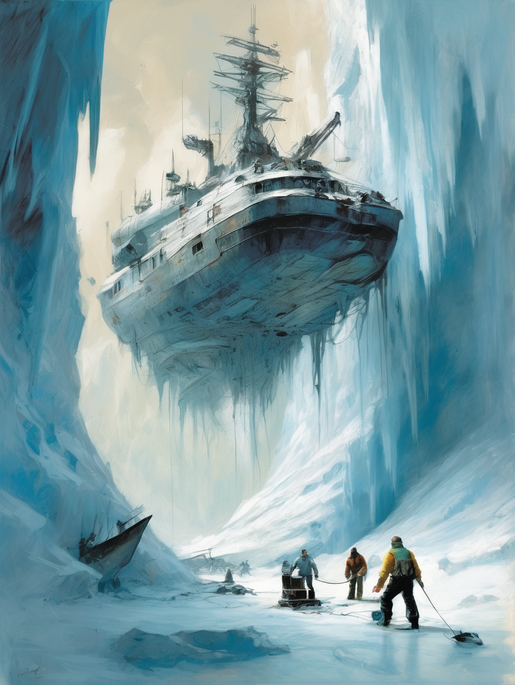 <lora:John Berkey Style:1>John Berkey Style - hand drawn picture of a Male Burly Fishermen finding a frozen alien ship trapped in a glacier in the art style of John Berkey