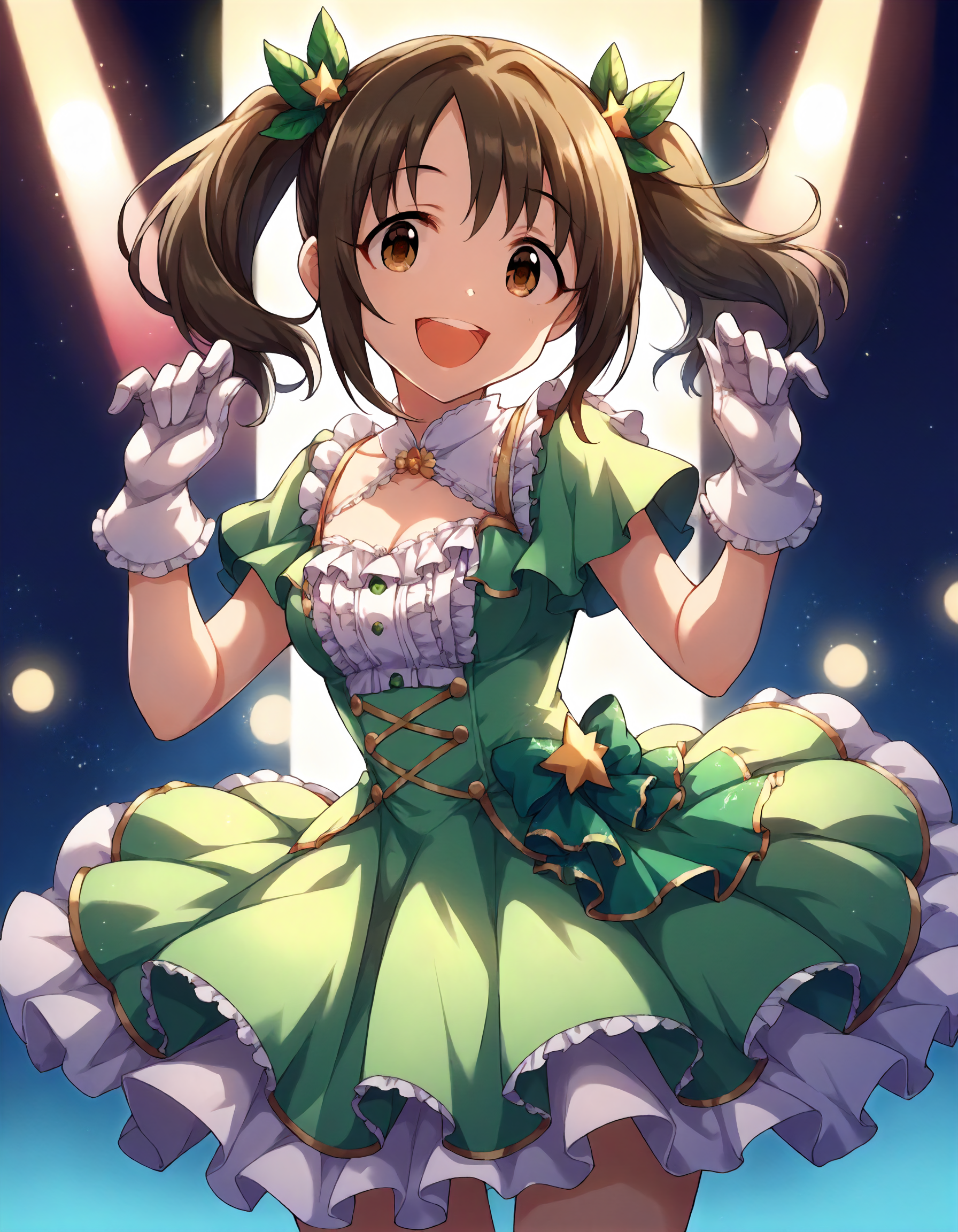 score_9,score_8_up,score_7_up,1girl,solo,cowboy shot,looking at viewer,smile,open mouth,stage lights,
<lora:imaikana_ponyXLV6:0.8>,cgikn,
brown hair,twintails,brown eyes,
green dress,frills,white gloves