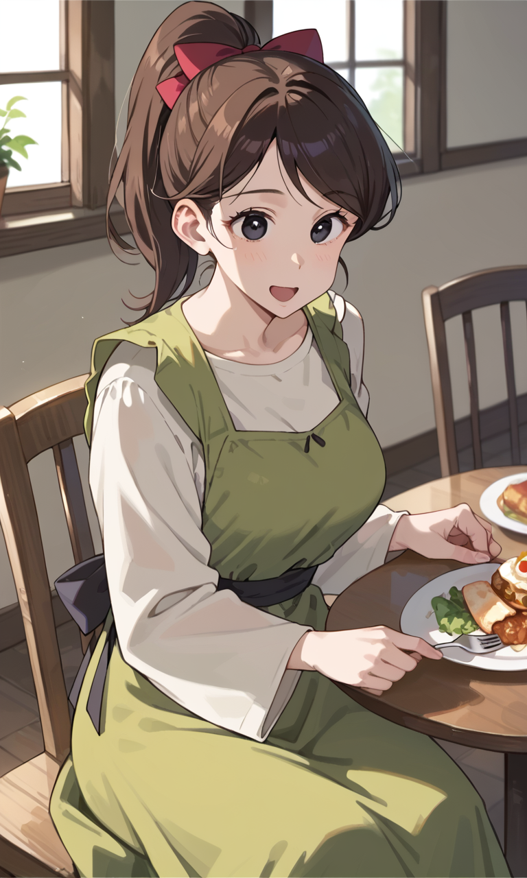 (1girl:1.5), (solo:1.3), (score_9, score_8_up, score_7_up, score_6_up, score_5_up, score_4_up), (source_anime), rating_questionable,  
 (black eyes, eyelashes, brown hair, swept bangs, long hair), <lora:shin-derayla-maid_v2:1> (shin-derayla-maid), (ponytail, red hair bow, green dress, pinafore dress, miniskirt, long sleeves shirt, wide sleeves), (large breasts),
dinner, table,  sitting on chair, smile, open mouth,