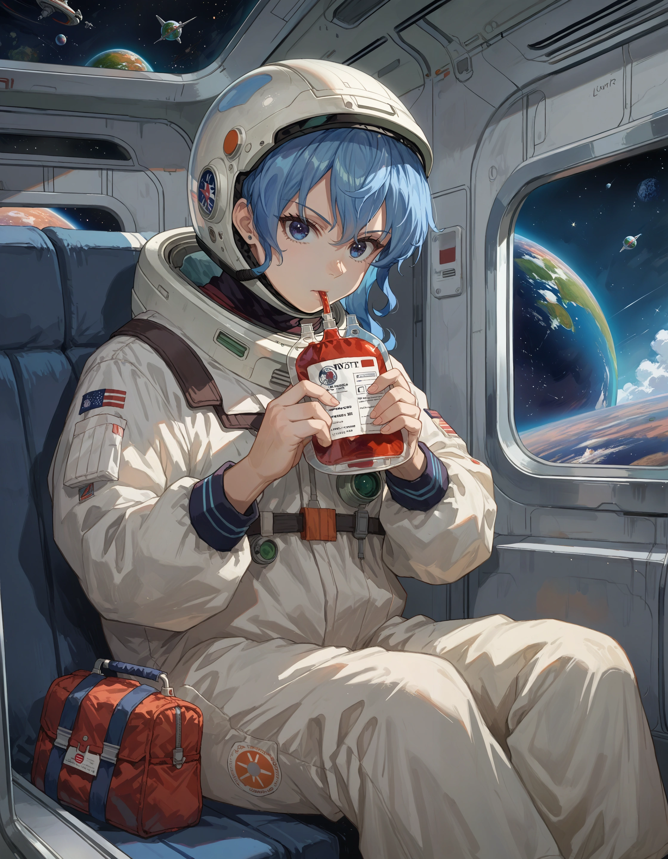 score_9, score_8_up, score_7_up, source_anime,
1girl, lanr, blue hair,
blood bag, drinking,
space station, spacecraft interior, space, window, astronaut, holding helmet, unworn helmet, space helmet
<lora:concept_bloodbagdrink-pony:1>