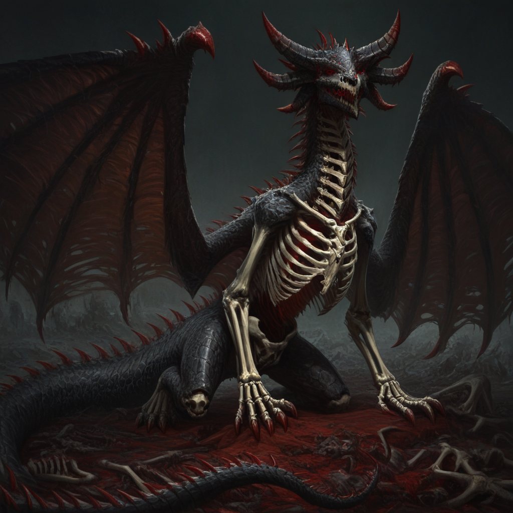masterpiece, best quality, newest, absurdres, highres, DRALV1.0, undead dragon, undead, skeleton, bones, monster, no humans, dragon, wings, tail, wings, dragon wings, dragon horns, horns, multiple horns, black scales, red eyes, black dragon, eldrich, eldrich horror, eldrich abomination, skeleton, bones, ribs,