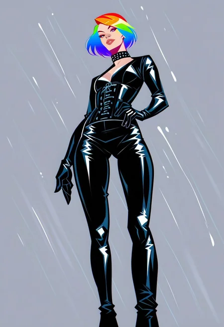 score_9, score_8_up, score_7_up, dutch_angle, from_below, footwear_focus, simple_background.
BREAK
A beautiful petite woman in her 20s with a rainbow hair in black leather bodysuit, long sleeves, cowboy shot, head turned, looking at viewer, hair flowing, head tilted, black rubber gloves, corset, HW_Corset, collar, tight black latex pants, belts, slim body, posing in a rainy street