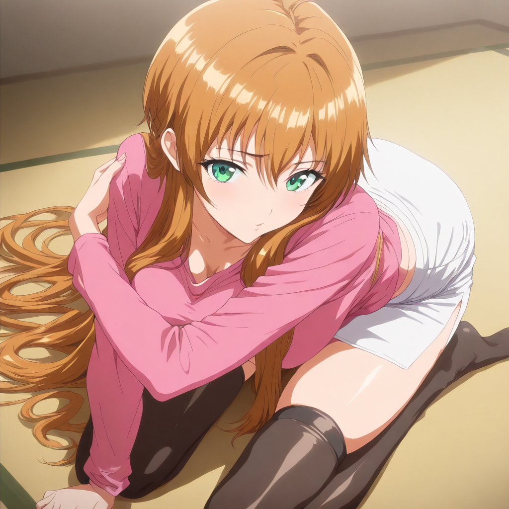 masterpiece,high score,great score,absurdres,looking at viewer,1girl,solo,pink shirt,white pencil skirt,thighhighs,<lora:Misaki_Hold ag4o v1:1> misaki_hold, brown hair, long hair, green eyes,